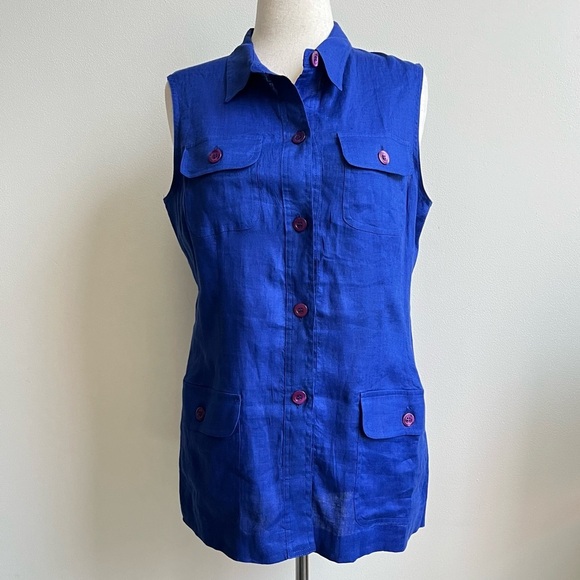 Casual Corner Womens Blue 100% linen Tunic button down vest Plus Size 14 - Picture 3 of 7